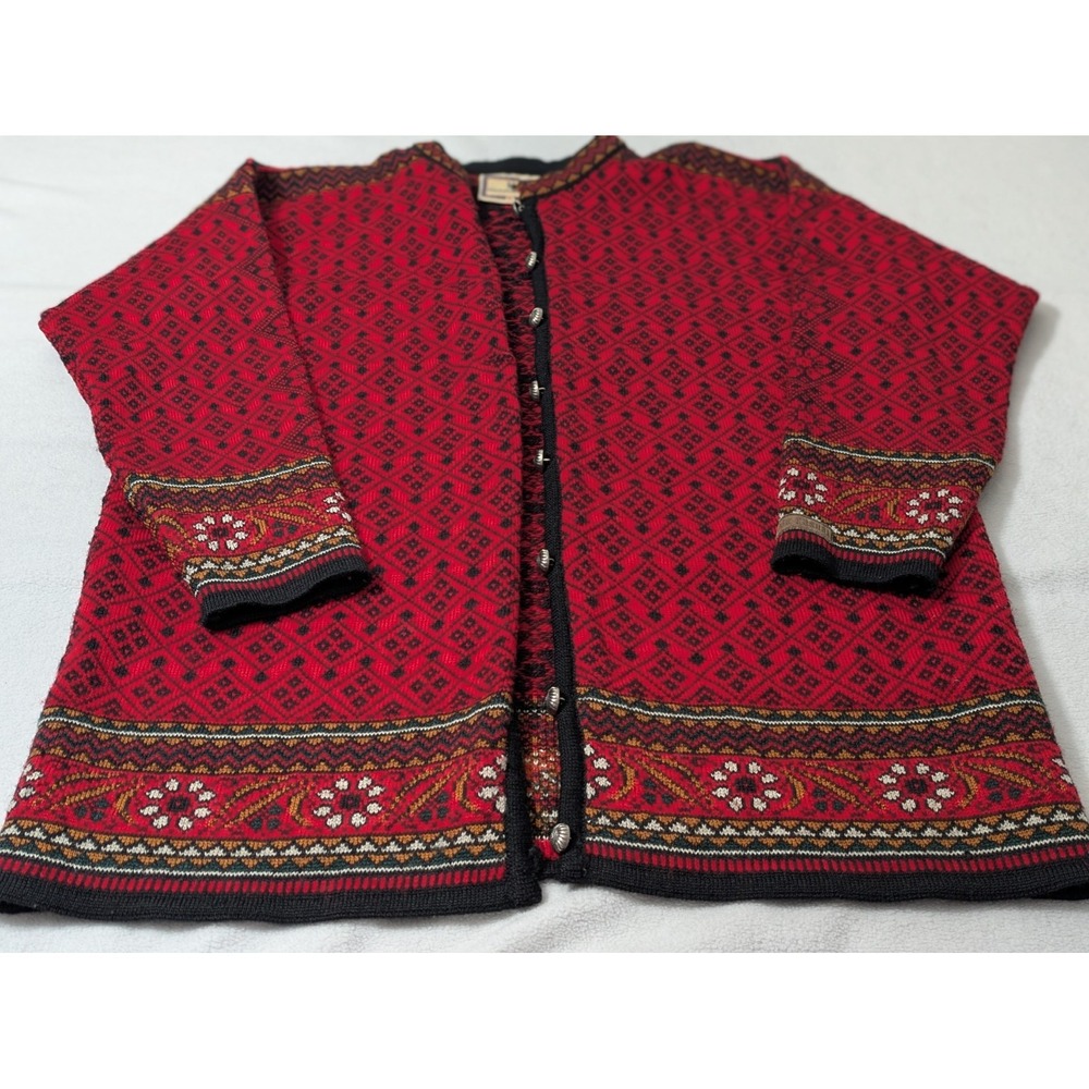Dale of Norway Wool Cardigan Sweater XL Red Fair Isle Tunic Button Knit